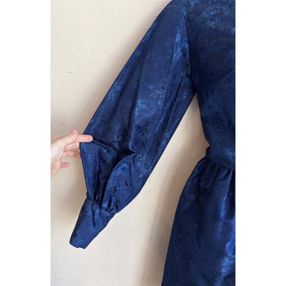 Vintage 60s 70s Handmade Navy Brocade Mini Dress XS S Gothic Victorian Regency - Picture 9 of 14